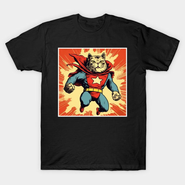 Superhero Cat Funny Cartoon Vintage Cat Superhero Drawing T-Shirt by OscarVanHendrix